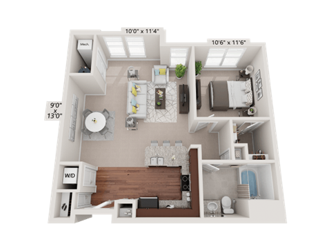 Floor plan for 1 bed, 1 bath, 804 sqft